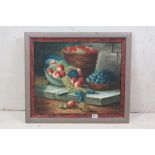 20th century oil on canvas, a fine still life study of peaches, grapes and berries in bowl and