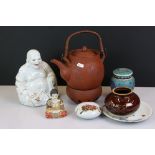 Group of Oriental ceramics to include an earthenware cloisonné jar and cover with butterfly and