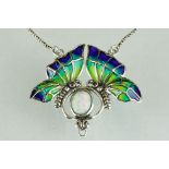 Silver plique-a-jour butterfly necklace with central opal panel and pearl drop