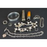 A group of hallmarked sterling silver collectables to include cuff bangle, cheroot holder and