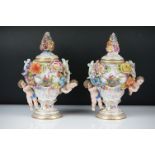 Pair of Continental Porcelain Vases and covers of baluster form decorated with hand painted panels