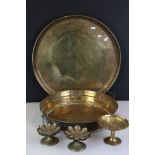 Indian Brass Circular Engraved Tray, 52cm diameter together with Brass Twin Handled Shallow Bowl,