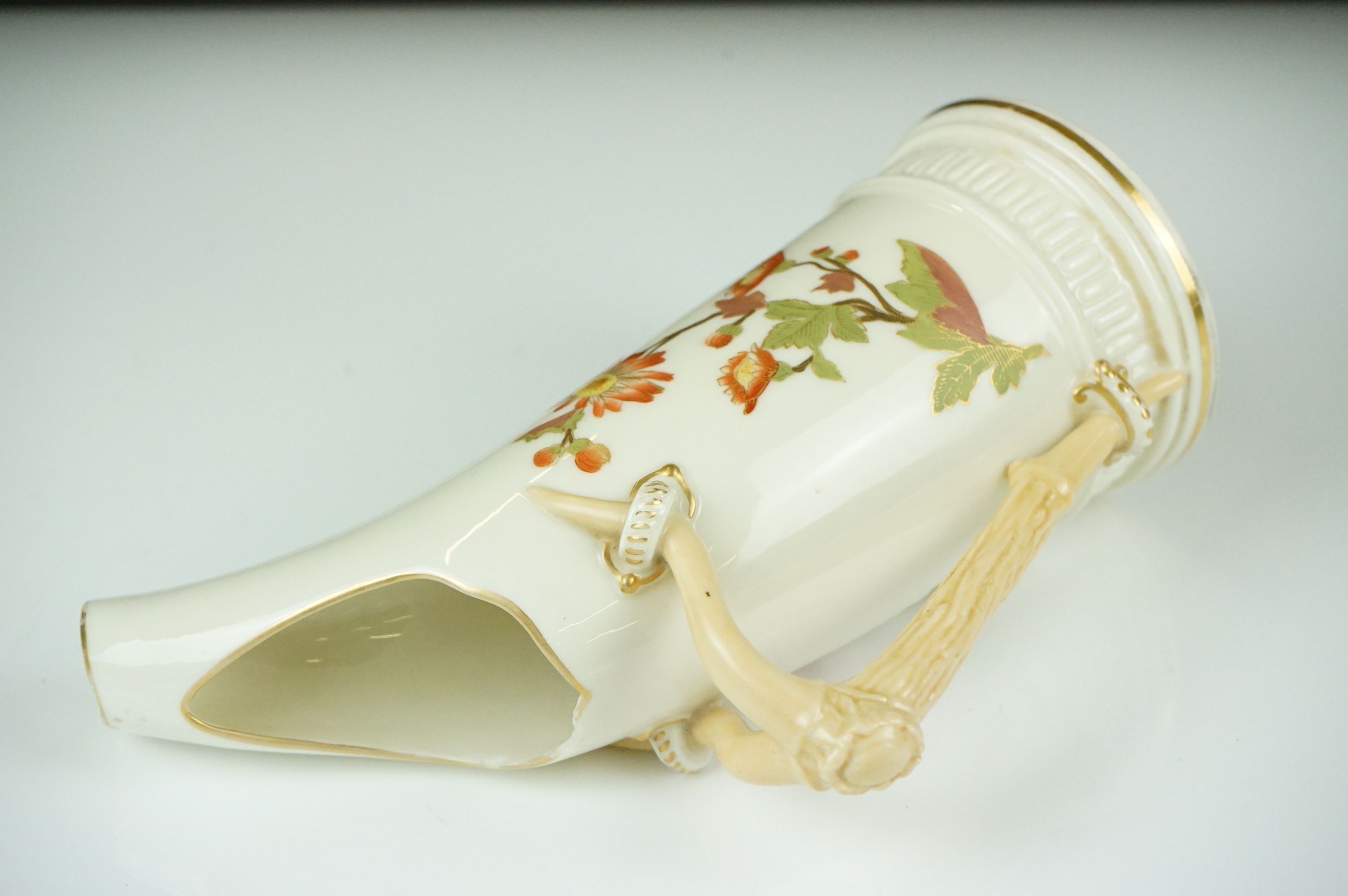 Royal Worcester blush ivory tusk-shaped jug painted with flowers, with gilt borders, 19cm high, - Image 4 of 12