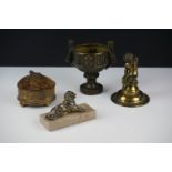 Group of mixed collectables to include a bronze twin-handled urn with floral embellishments, 13cm