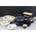 Collection of Denby mottled blue glazed stoneware to include a lidded saucepan, twin handled oval