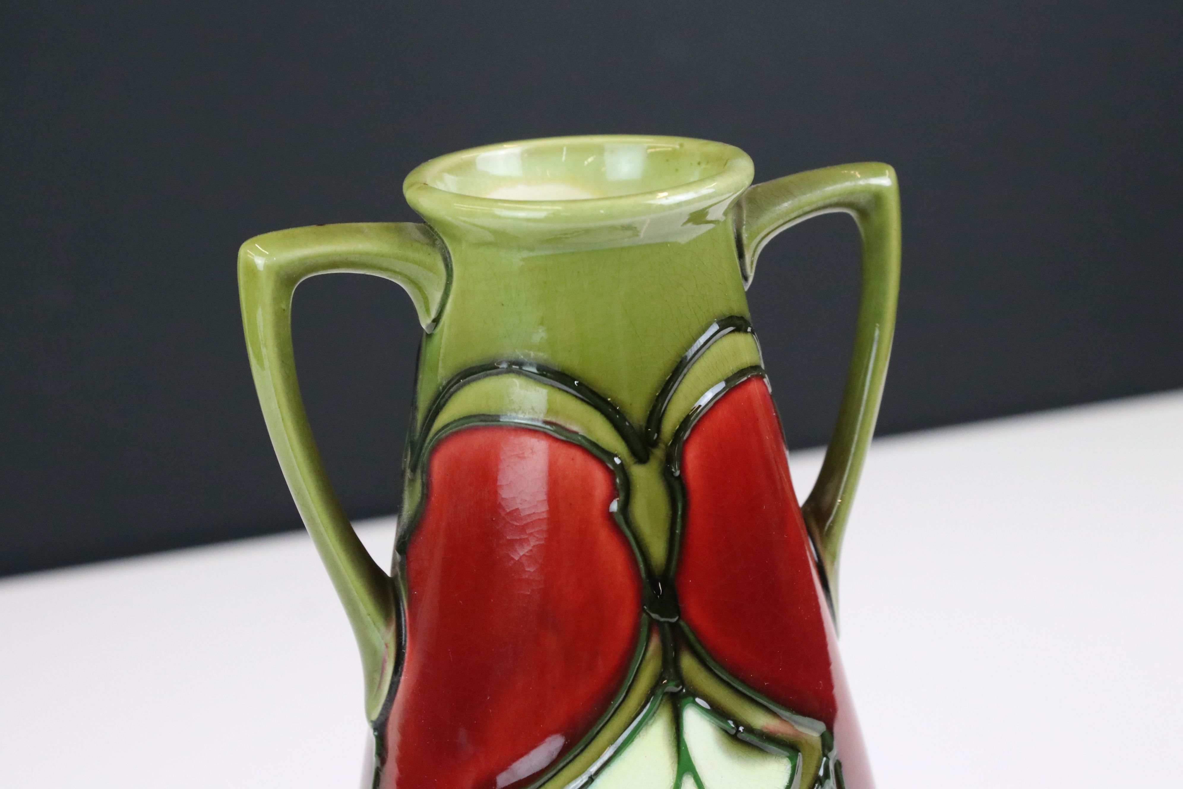 Minton Secessionist Red and Green Glazed Twin Handled Vase, marked No. 12 to base, 21cm high - Image 2 of 7