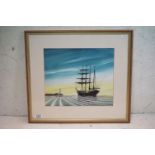 David James gouache, coastal scene with tall ship at anchor