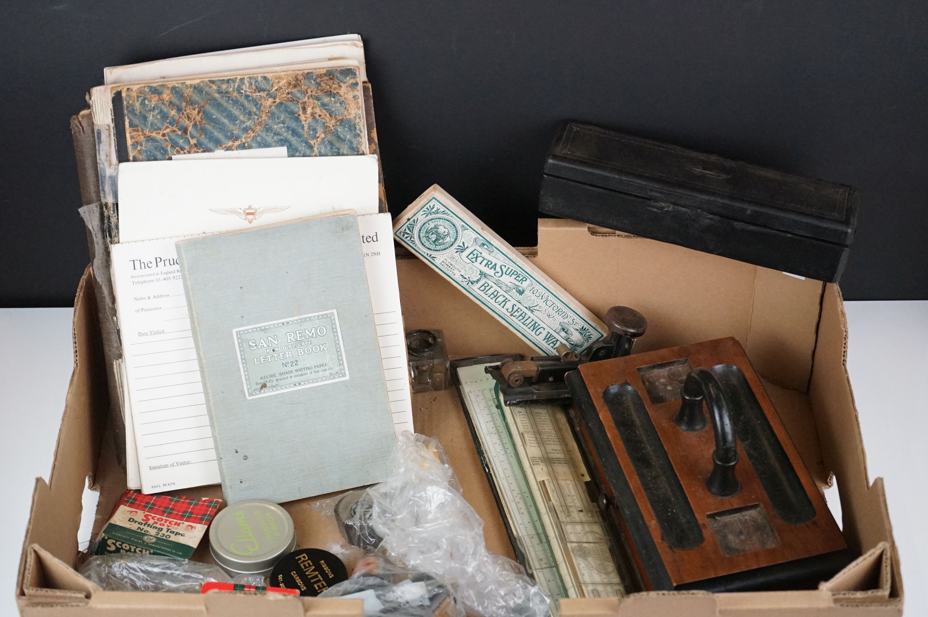 Box of 19th century stationery items, to include a travelling writing box