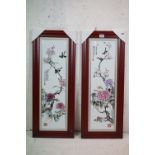 Pair of Chinese Porcelain Panels, hand painted with birds perched on flowering branches, with