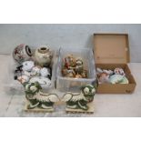 Large collection of Oriental ceramics to include a pair of Chinese pottery foo dogs raised on