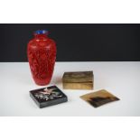 Group of mixed collectables to include a Chinese red carved cinnabar on brass baluster vase with