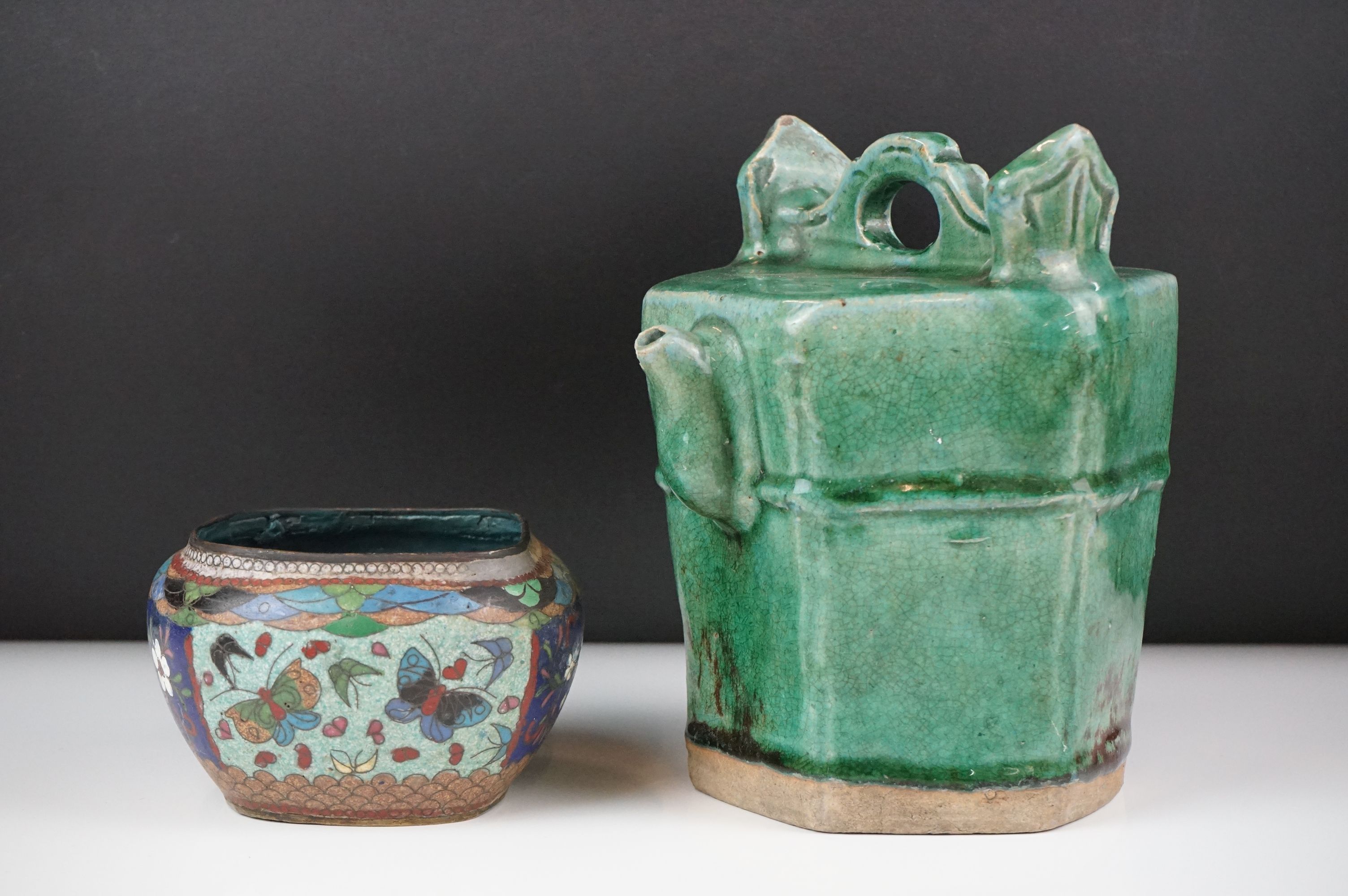 19th Century Chinese green glazed Shiwan hexagonal pottery teapot and cover, approx 18cm high,