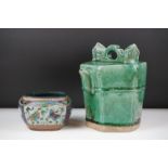 19th Century Chinese green glazed Shiwan hexagonal pottery teapot and cover, approx 18cm high,