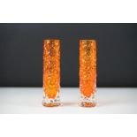 Pair of Whitefriars Tangerine Textured Bark cylindrical bud vases, approx 14.5cm high