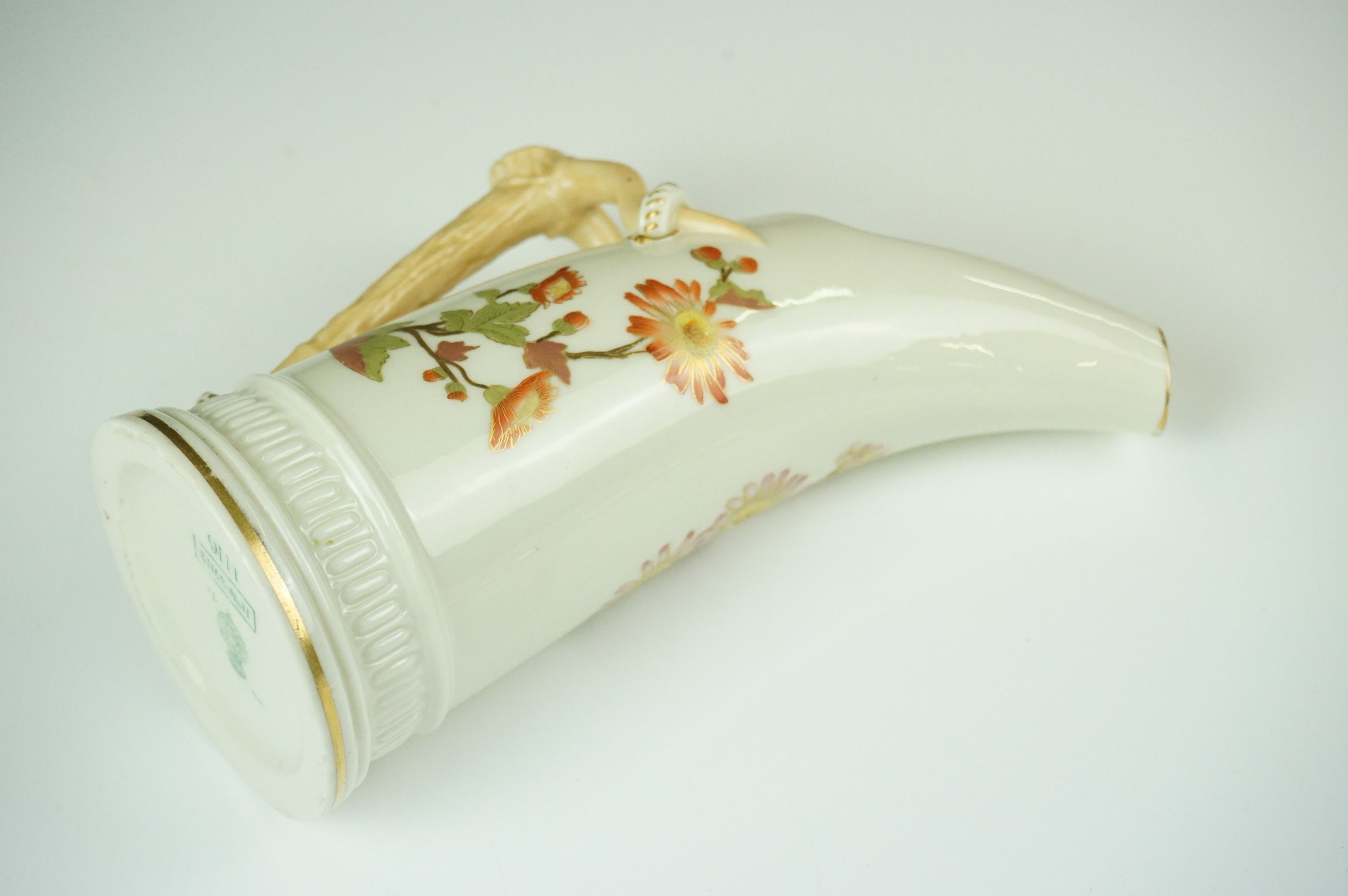 Royal Worcester blush ivory tusk-shaped jug painted with flowers, with gilt borders, 19cm high, - Image 3 of 12