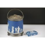 Wedgwood Jasperware biscuit barrel with silver plated lid and base rim, with swan-shaped lid