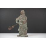 Chinese bronze warrior statue of Guan Gong Yu standing holding a weapon, approx 27cm high