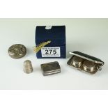 A small group of hallmarked silver collectables to include vesta case, pill box, thimble..etc.