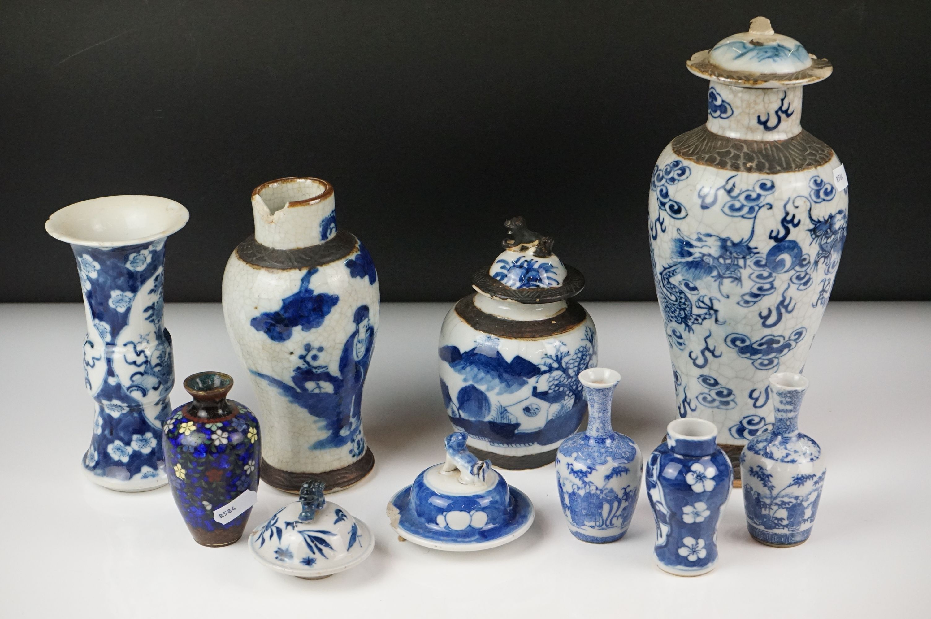 Collection of Chinese Ceramics including Gu Shaped Blue and White Vases with four Kangxi marks to