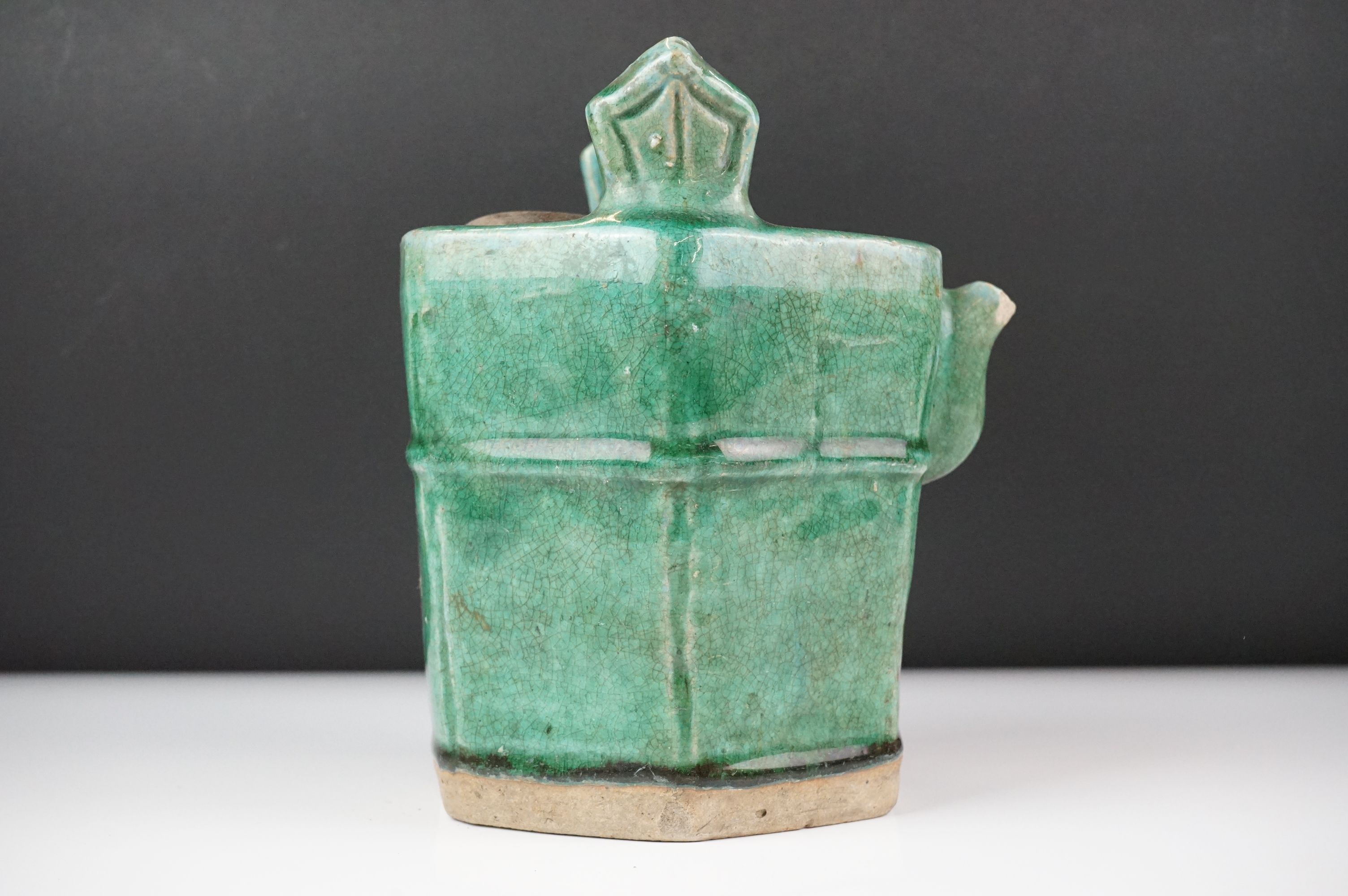 19th Century Chinese green glazed Shiwan hexagonal pottery teapot and cover, approx 18cm high, - Image 8 of 12