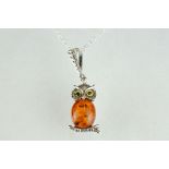Silver and amber owl pendant necklace