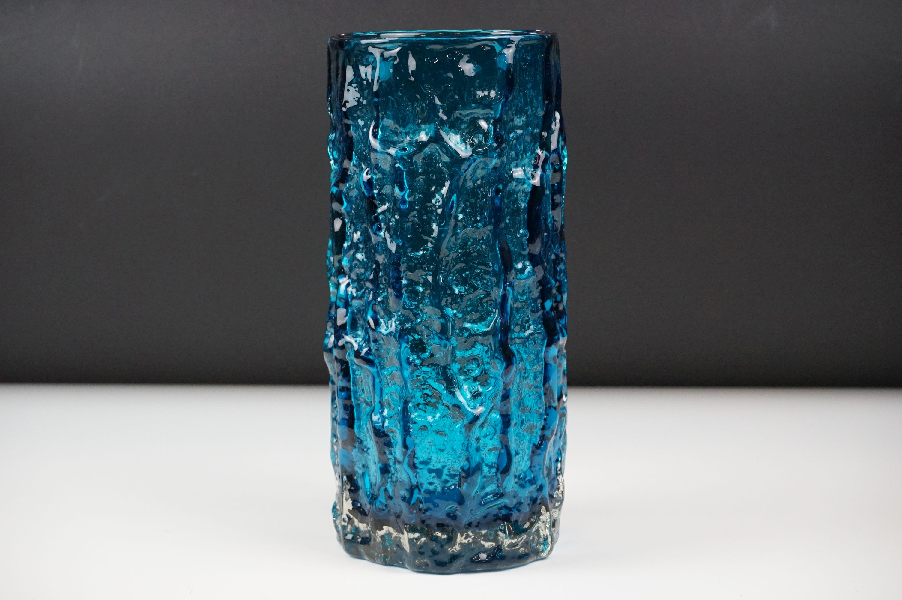 Whitefriars Kingfisher Blue Textured Bark Vase, pattern no. 9691, approx 23cm high