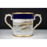 Early 20th Century Royal Worcester loving cup, dated 1921, with hand painted Pike and floral