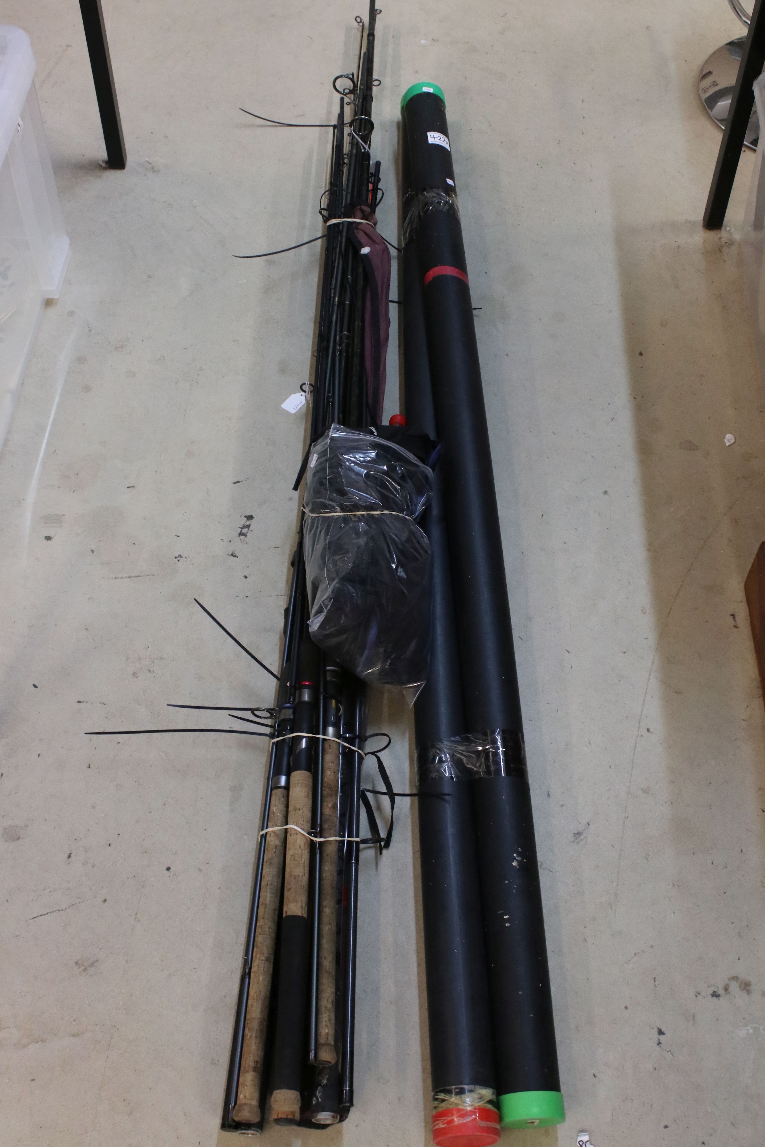 Eight carbon fly & coarse fishing rods, to include Middy feeder and waggler rods, Abu Garcia, Leeda,