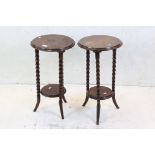 Pair of Circular Side / Lamp Tables, each raised on three faux bamboo legs united by an