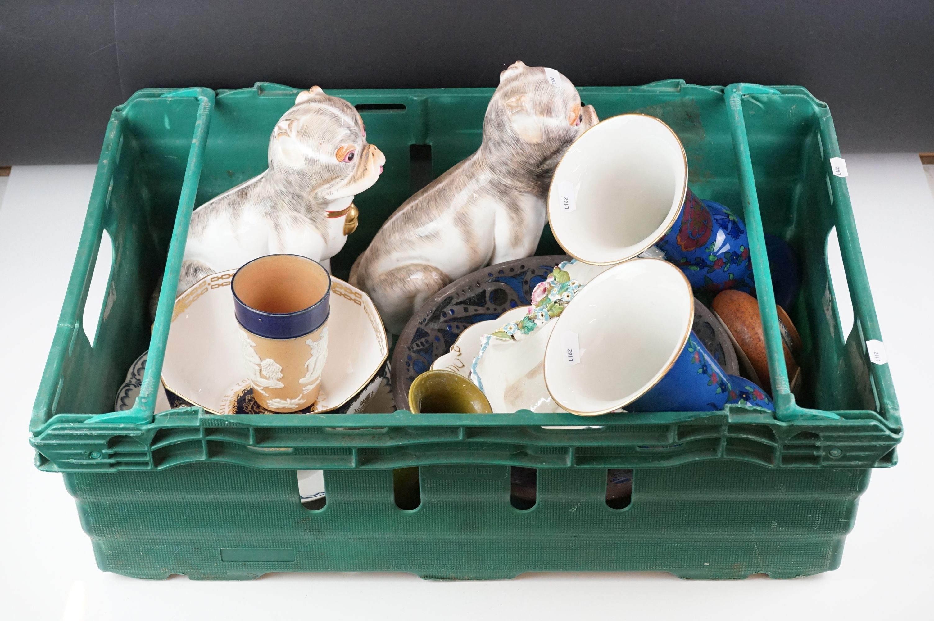 Collection of mixed ceramics to include a pair of Sutherland bone china pug dogs, 23cm high, a