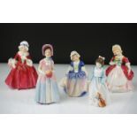 Five Royal Doulton porcelain figures of young ladies and girls, to include HN 1955 Lavinia, HN