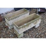 Pair of Sandford Stone ' Oak Leaf ' design Rectangular Garden Planters on Stands, 71cm long x 27cm