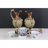 Three 19th century oriental (Chinese) decorated cups / mugs, to include two twin handle loving