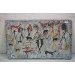 Australian interest - a native Australian oil painting on slate depicting cave art with warriors and