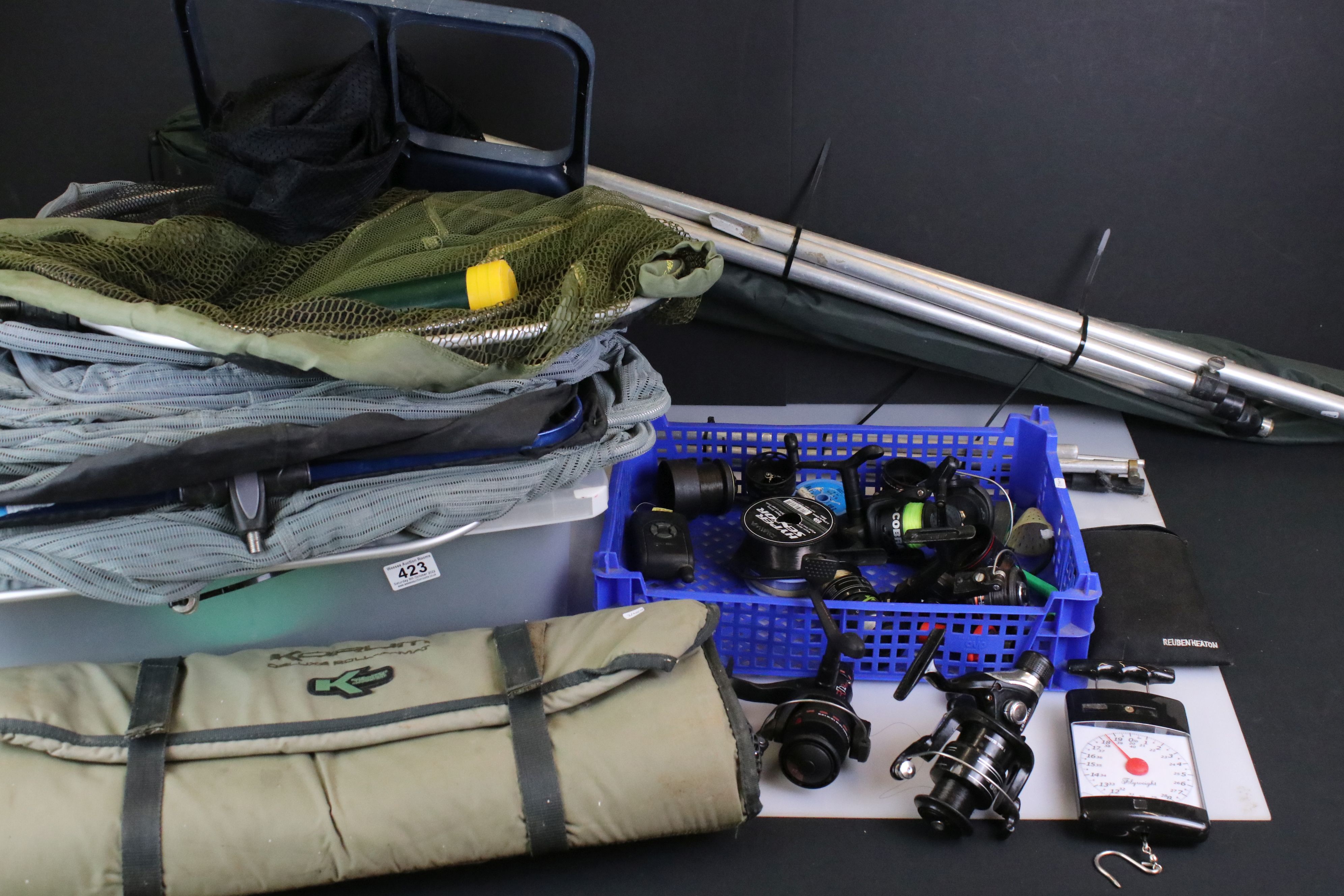 Collection of fishing / angling tackle to include fishing reels, hooks, weights, landing and