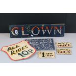 Four Wooden Painted Fairground Signs together with a Wooden Painted ' Clown ' Sign 59cm long and