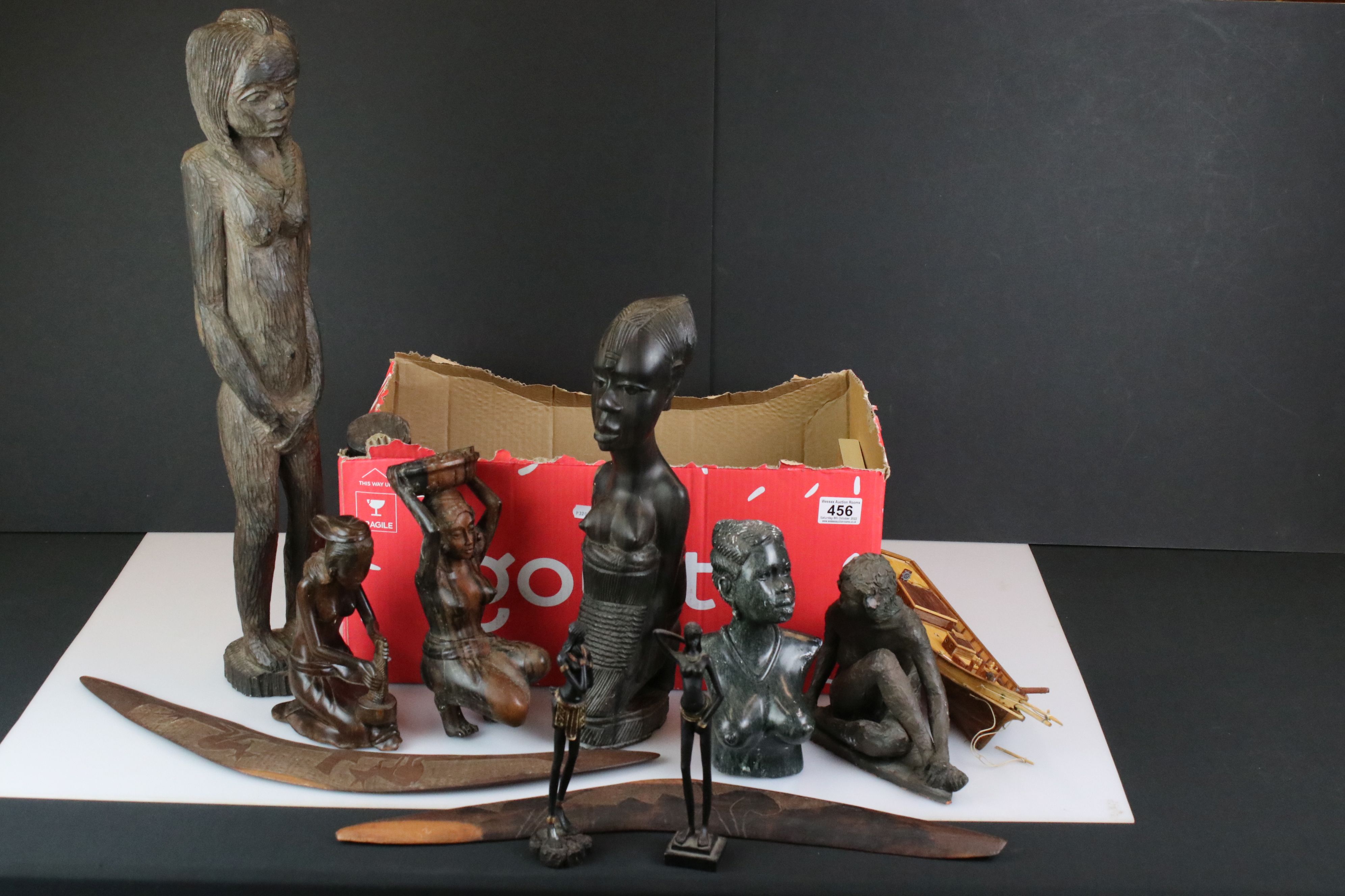 Collection of mainly Ethnic Carved Figures including Wooden and Stone plus Two Aboriginal Boomerangs