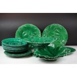 Collection of 16 items of 19th Century Majolica green glazed leaf design ceramics, to include