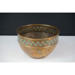 Early 20th Century WMF hand beaten circular copper bowl with a band of blue and green enamel