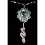 Silver, aquamarine and CZ snake pendant necklace