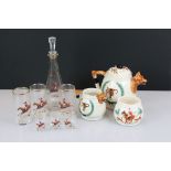 PPC Hunting themed teapot & cover, sugar bowl and milk jug, decorated with relief decoration