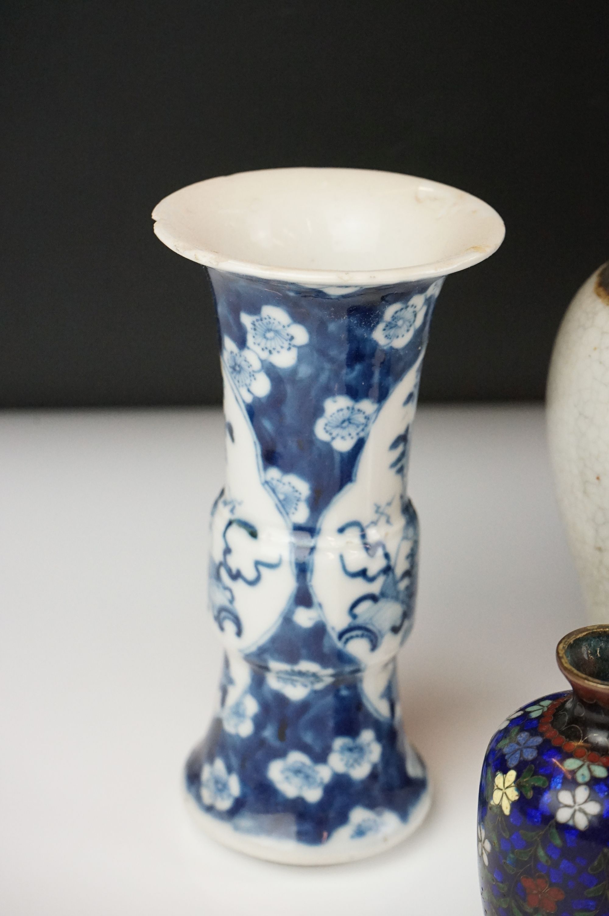 Collection of Chinese Ceramics including Gu Shaped Blue and White Vases with four Kangxi marks to - Image 4 of 9
