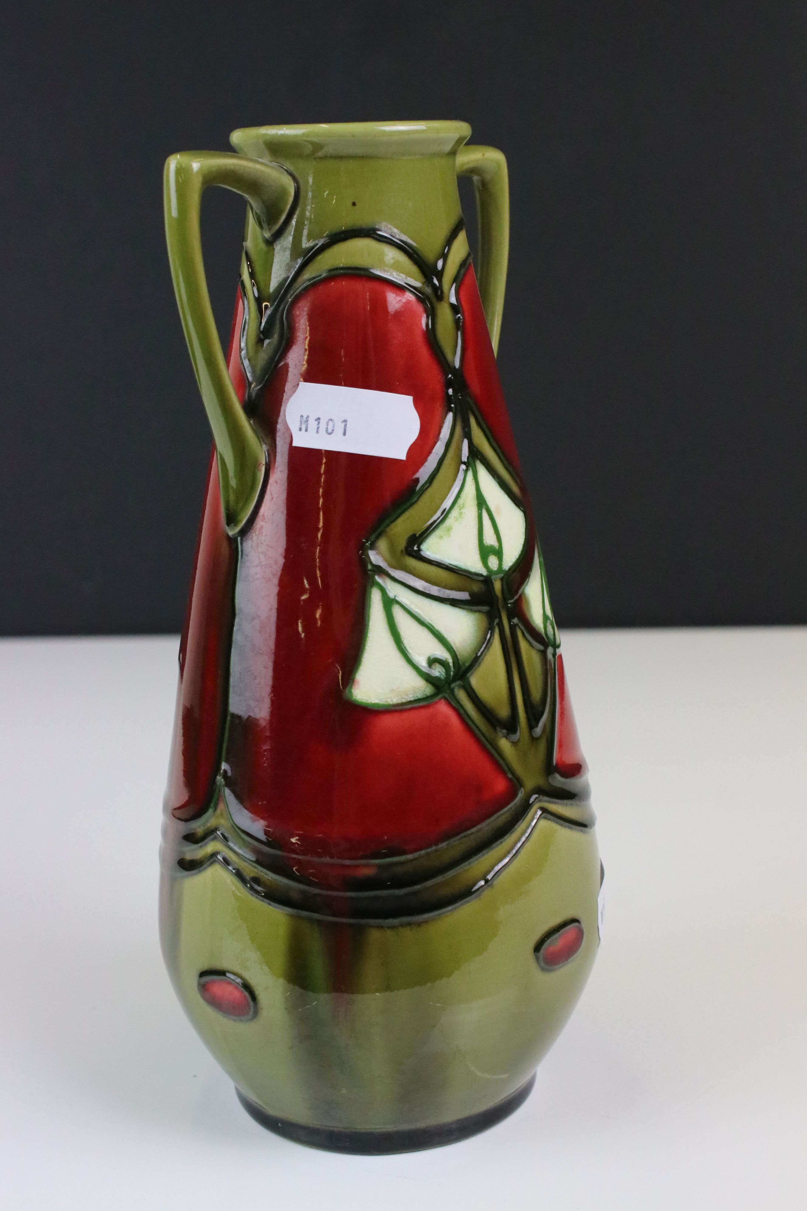 Minton Secessionist Red and Green Glazed Twin Handled Vase, marked No. 12 to base, 21cm high - Image 4 of 7