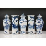 Chinese Porcelain Blue and White five piece Garniture decorated with figures comprising two sleeve