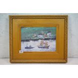 Oils on board, coastal scene with ships offshore & houses on shoreline, contained in gilt frame