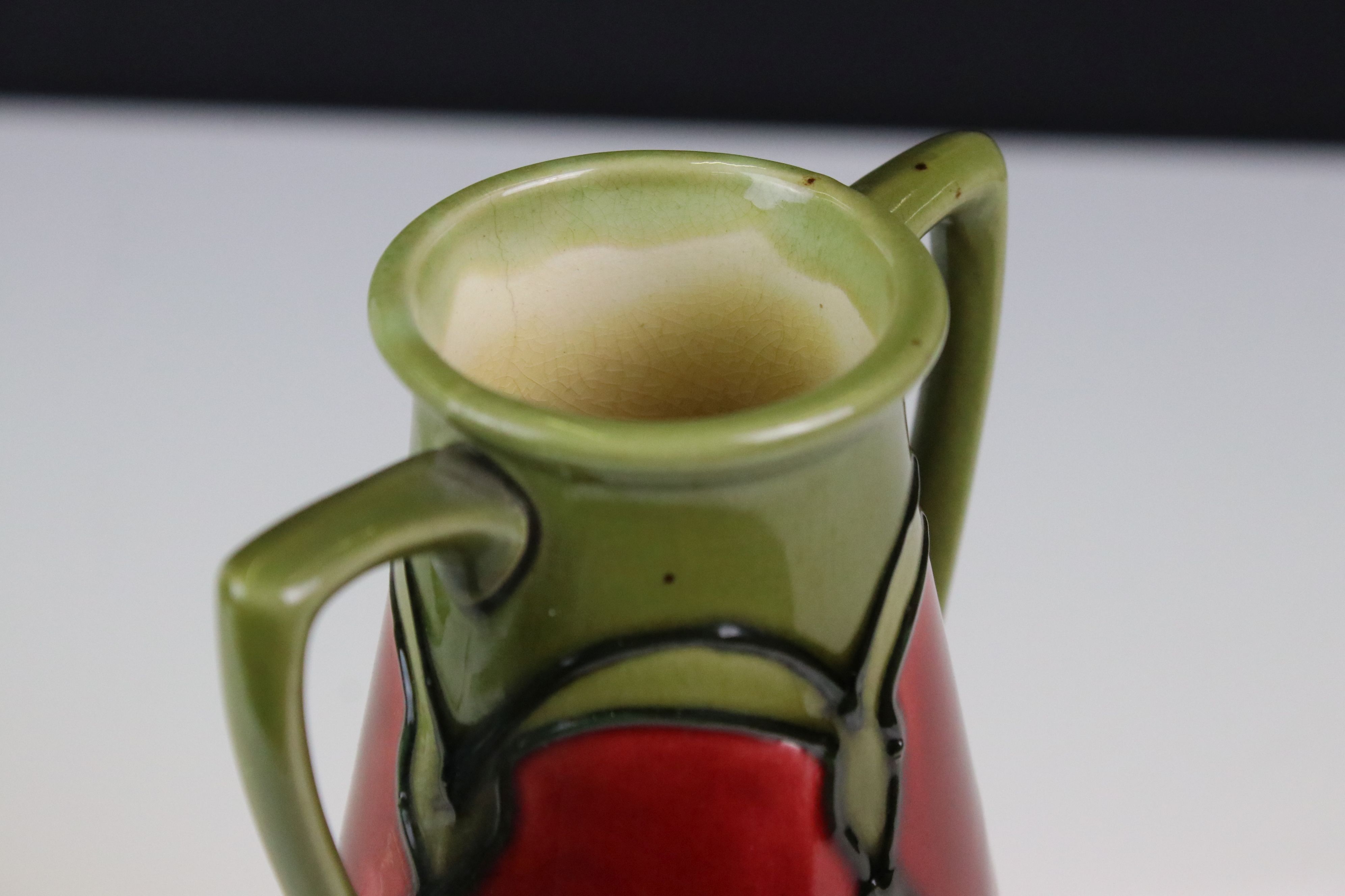 Minton Secessionist Red and Green Glazed Twin Handled Vase, marked No. 12 to base, 21cm high - Image 5 of 7