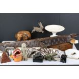 Mixed Lot including Alabaster Footed Bowl, 19th century Writing Slope, Carved Wooden African Animals