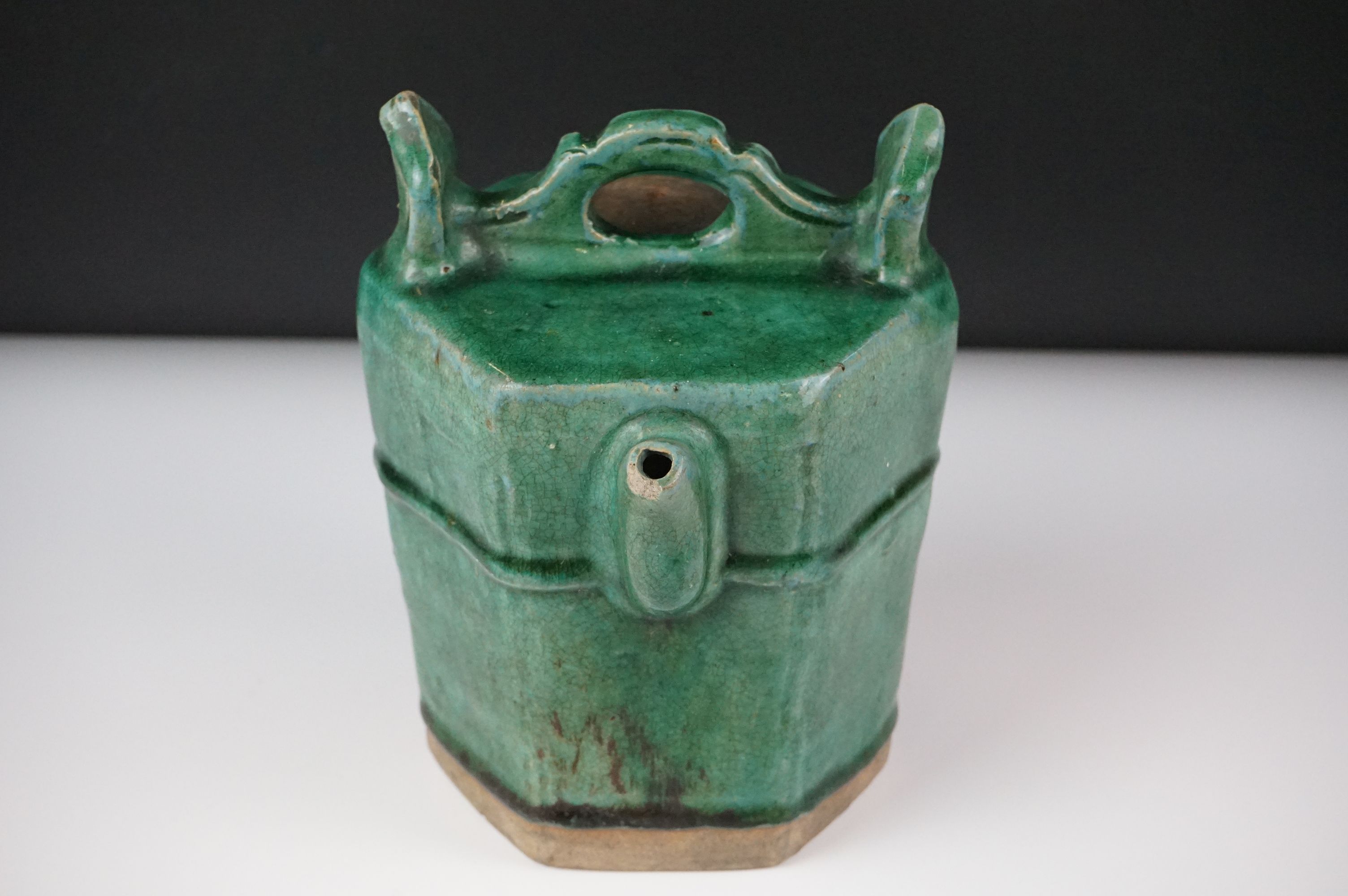 19th Century Chinese green glazed Shiwan hexagonal pottery teapot and cover, approx 18cm high, - Image 7 of 12