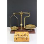 Set of Brass Balance Scales together with a Wooden Cased Part Set of Weights