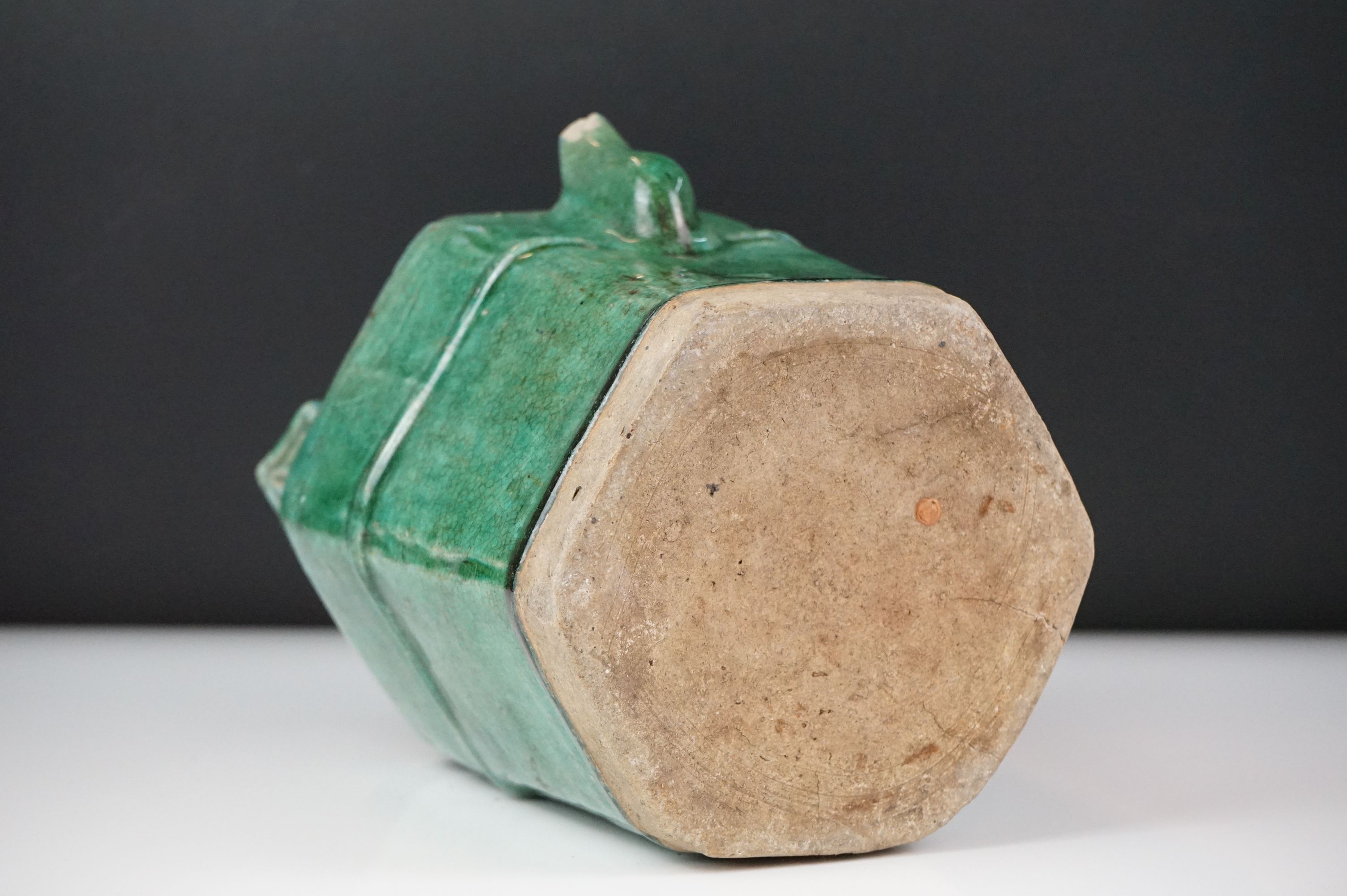 19th Century Chinese green glazed Shiwan hexagonal pottery teapot and cover, approx 18cm high, - Image 12 of 12